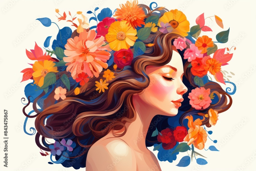 Beautiful girl with flowers in her hair, fashionable illustration, isolated background, watercolor painting. Beautiful girl with flowers in her hair, fashionable illustration, isolated background, watercolor painting.