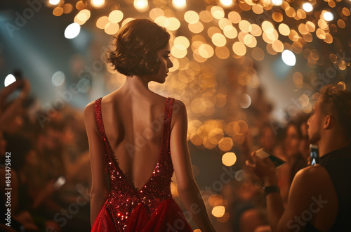 A beautiful woman in an open back red dress walks down the runway at fashion week, her figure is illuminated by golden lights and people cheer for her from behind © Kien