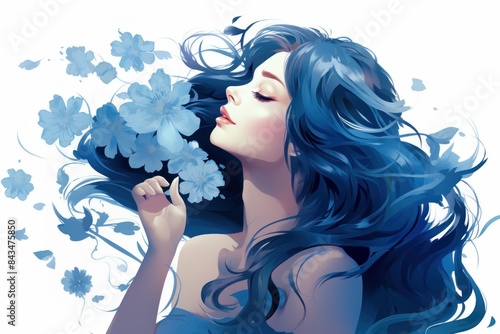 Beautiful girl with flowers in her hair, fashionable illustration, isolated background, watercolor painting in blue. Design concept for beauty salons, spas, cosmetics, fashion. Banner.