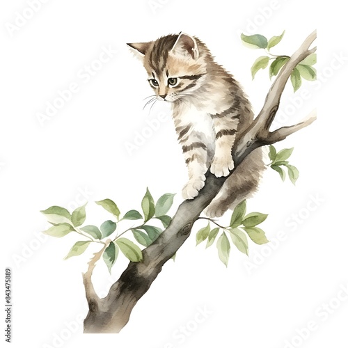 Adorable Climbing Kitten Scaling Tree Branch in Tranquil Watercolor photo