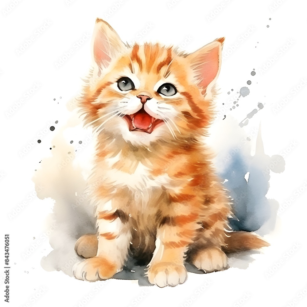 Fototapeta premium Cheerful Zesty Kitten Watercolor Enjoying Life on Isolated White Background
