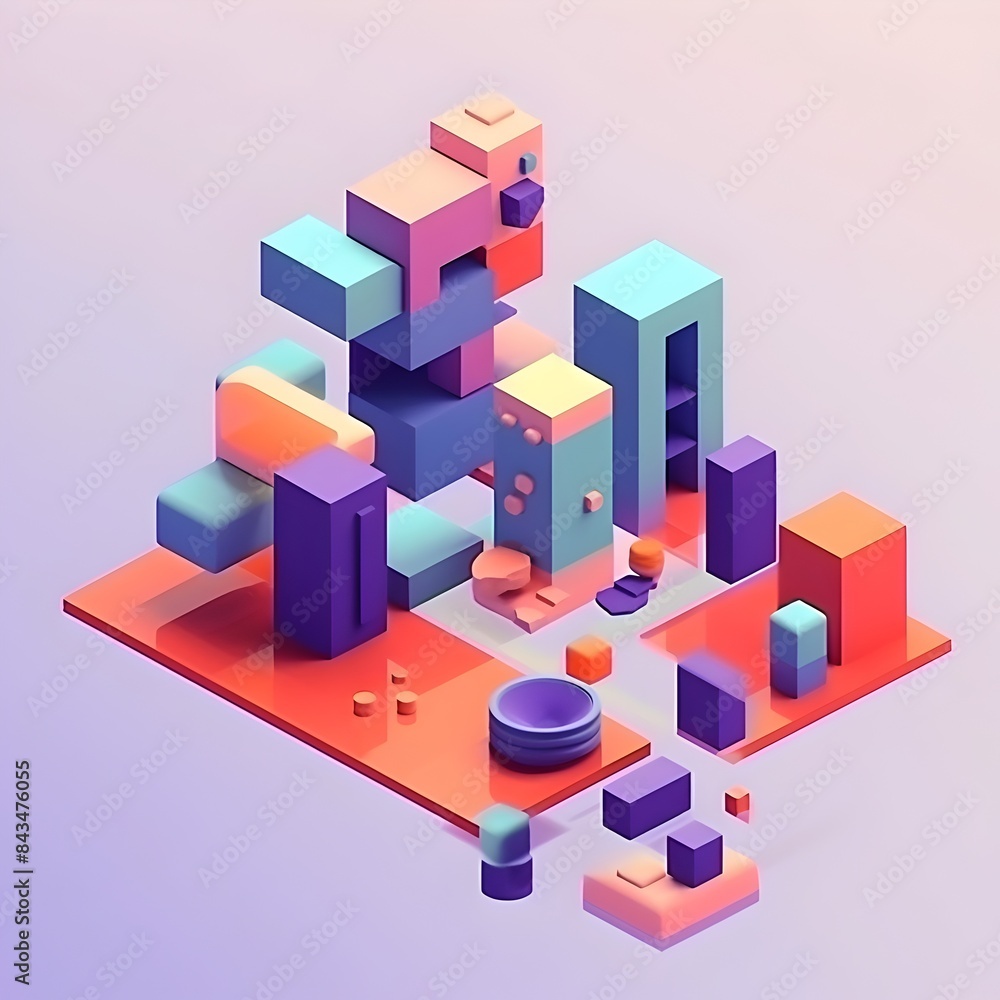 Colorful Geometric Isometric Shapes in Dimensional Architectural Design Composition Colorful Geometric Isometric Shapes in Dimensional Architectural Design Composition