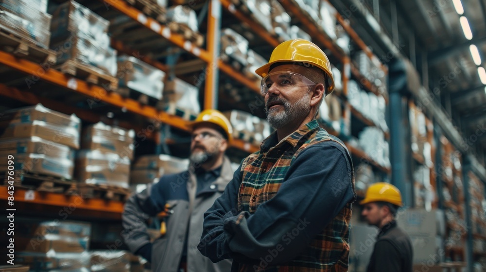 Several industrial workers stand in a warehouse, surrounded by shelves stocked with supplies. They are engaged in conversation, sharing ideas and strategies for improving their workflow. The team Several industrial workers stand in a warehouse, surrounded by shelves stocked with supplies. They are engaged in conversation, sharing ideas and strategies for improving their workflow. The team