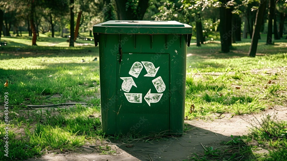 Green recycle bin with a white recycling symbol, placed in a park setting to promote environmental awareness Green recycle bin with a white recycling symbol, placed in a park setting to promote environmental awareness