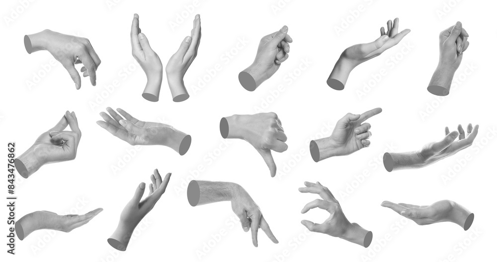 Set of different hand gestures isolated on white. Black and white effect Set of different hand gestures isolated on white. Black and white effect
