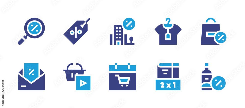 Sales icon set. Duotone color. Vector illustration. Containing discount, shoppingbasket, search, shoppingbag, clothes, building, offer, cart.