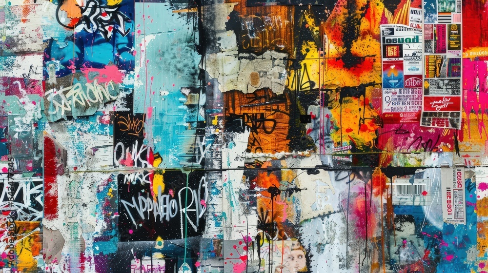 Urban Layers: Vibrant Street Art Collage on Urban Wall - Detailed Macro Photography of Graffiti, Posters, and Paint Splatters Urban Layers: Vibrant Street Art Collage on Urban Wall - Detailed Macro Photography of Graffiti, Posters, and Paint Splatters