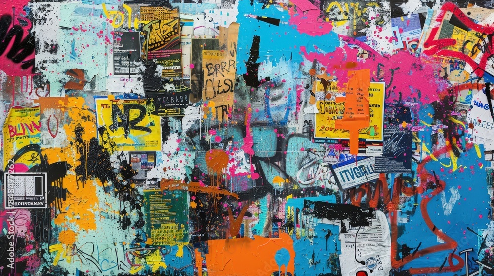 Urban Art Chaos: Dynamic Graffiti and Colorful Posters on City Wall Urban Art Chaos: Dynamic Graffiti and Colorful Posters on City Wall
