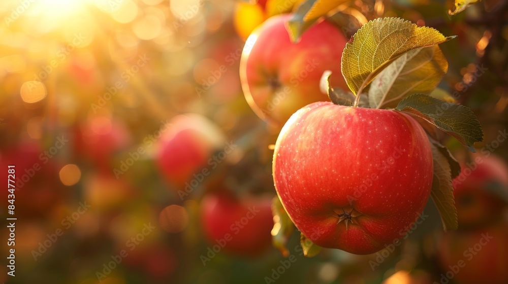 Close-up of ripe red apples on tree branches in an orchard with warm sunlight filtering through leaves during fall. Close-up of ripe red apples on tree branches in an orchard with warm sunlight filtering through leaves during fall.