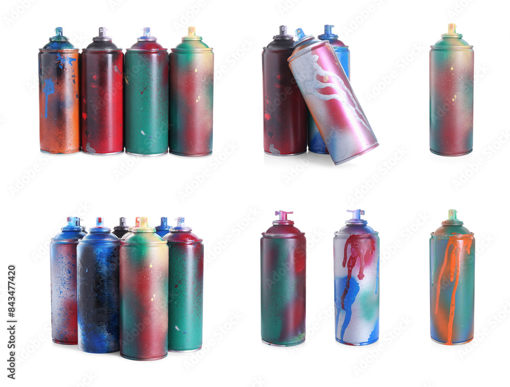 Different used spray paint cans isolated on white, set Different used spray paint cans isolated on white, set