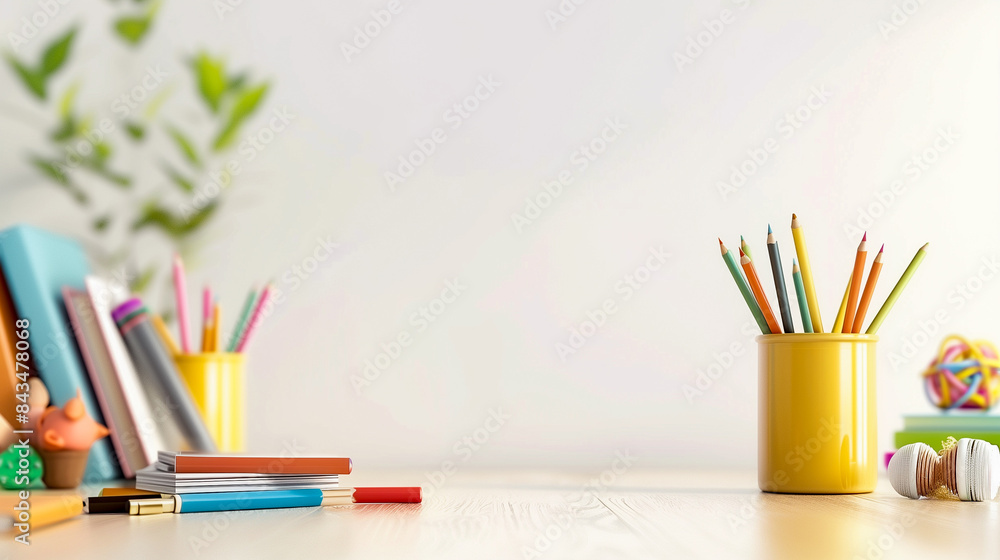 Obraz premium Desk equipment, crayons, pens School banner, white background, pure pastel colors, school accessories arranged on the desk.