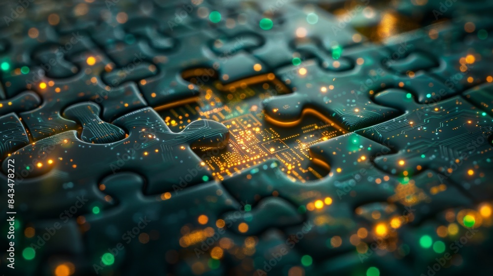 Digital Transformation, Puzzle Pieces Creating an AI Data Graph with Vibrant Green and Yellow Lights Illuminating Complexity Digital Transformation, Puzzle Pieces Creating an AI Data Graph with Vibrant Green and Yellow Lights Illuminating Complexity