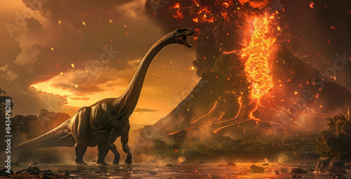 A Brachiosaurus standing tall with its long neck reaching towards the sky, against an ancient volcanic backdrop with smoke and lava flowing down photo