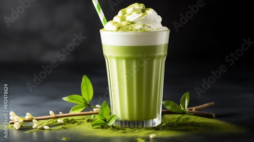 A refreshing matcha bubble tea with creamy milk foam on top, surrounded by fresh matcha powder and a bamboo whisk photo