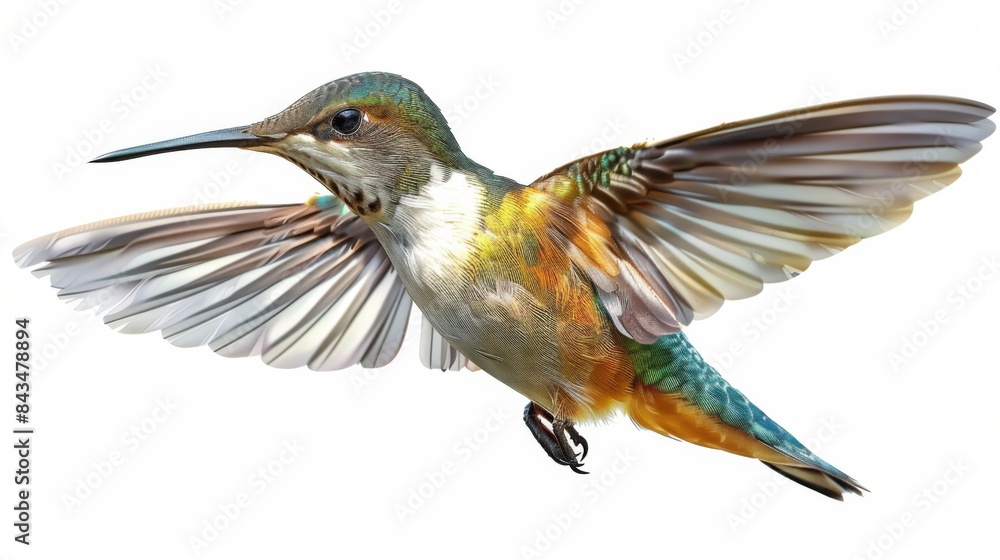 A vibrant hummingbird in flight, isolated on a white background, with wings spread showing intricate feather patterns. A vibrant hummingbird in flight, isolated on a white background, with wings spread showing intricate feather patterns.