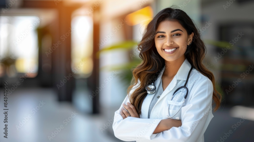 An Indian female doctor with a warm smile, wearing a white coat and stethoscope, confidently poses with crossed arms. An Indian female doctor with a warm smile, wearing a white coat and stethoscope, confidently poses with crossed arms.