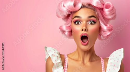 A woman with a surprised expression, wearing a pink wig and makeup with wide open mouth and pink lips against a pink background. © Sergey