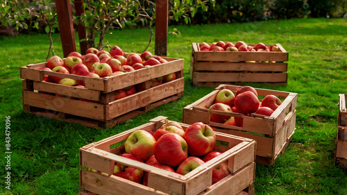 Apples in wooden crates in the orchard ready to be shipped for sale