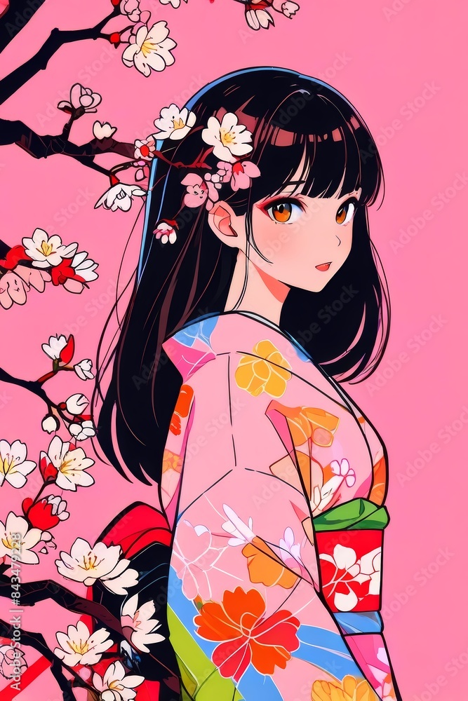 A girl in Japanese kimono floral Anime style illustration, flat anime illustration, vector art, anime background A girl in Japanese kimono floral Anime style illustration, flat anime illustration, vector art, anime background