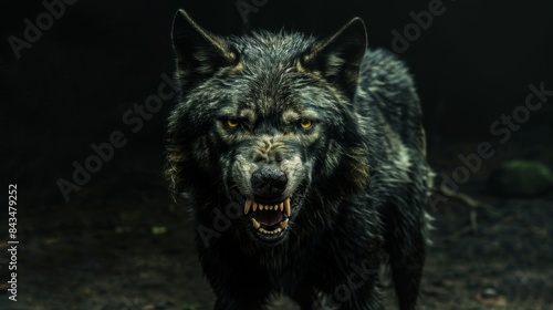A menacing werewolf snarls in the darkness, its savage gaze and sharp fangs exuding an aura of danger.