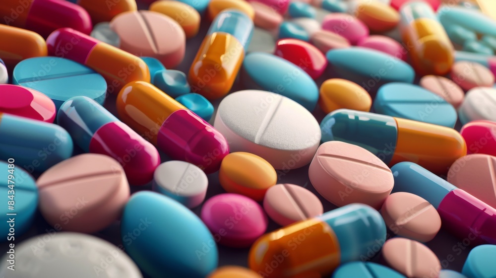 A variety of colorful medications and pills scattered in disarray, depicting a pharmaceutical concept. A variety of colorful medications and pills scattered in disarray, depicting a pharmaceutical concept.