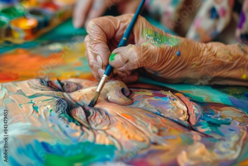 elderly people painting in nursing home bokeh style background