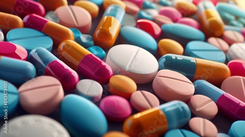 A variety of colorful medications and pills scattered in disarray, depicting a pharmaceutical concept. photo