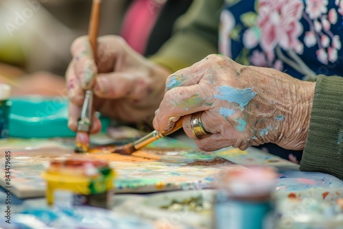 elderly people painting in nursing home bokeh style background