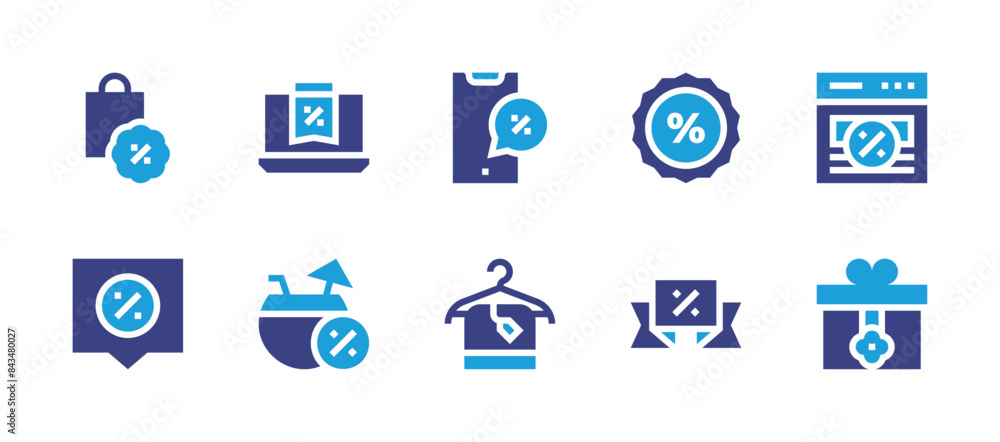 Sales icon set. Duotone color. Vector illustration. Containing sale, digitalmarketing, shoppingbag, laptop, towel, badge, discount, giftbox, voucher.
