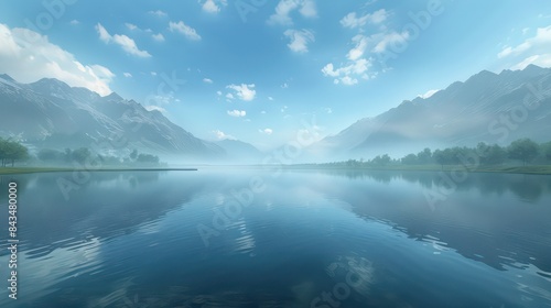 an elegant lake with clear water, green mountains and trees. With stones in the middle of shallow waters, and fog.