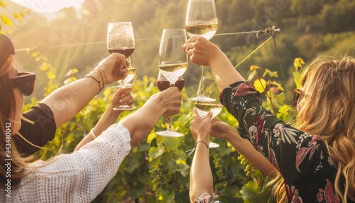 A Toast to Friendship: Young Friends Enjoying Wine in a Vineyard