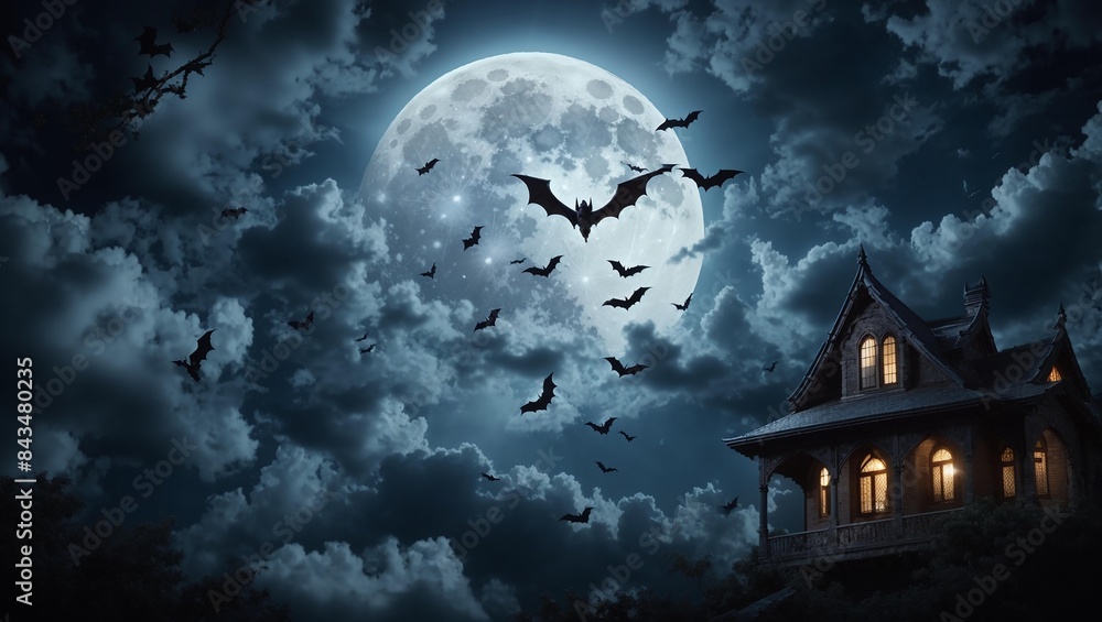 Fototapeta premium A spooky night with a full moon and bats.