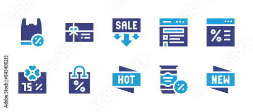 Sales icon set. Duotone color. Vector illustration. Containing sale, giftcard, shoppingbag, beercan, online, plasticbag, discount.