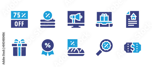Sales icon set. Duotone color. Vector illustration. Containing sales, sale, gift, contract, discountticket, magnifyingglass, inflatablepool, megaphone. © Huticon
