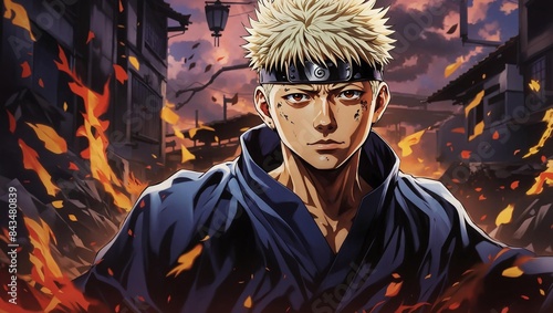 A blonde-haired, blue-eyed man with a scar on his left cheek stands in a ruined city.