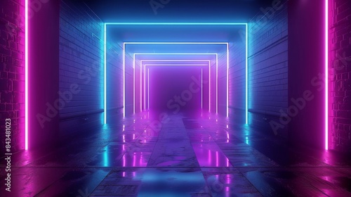 A 3D rendered abstract background with geometric shapes illuminated by neon lights creating a futuristic corridor.