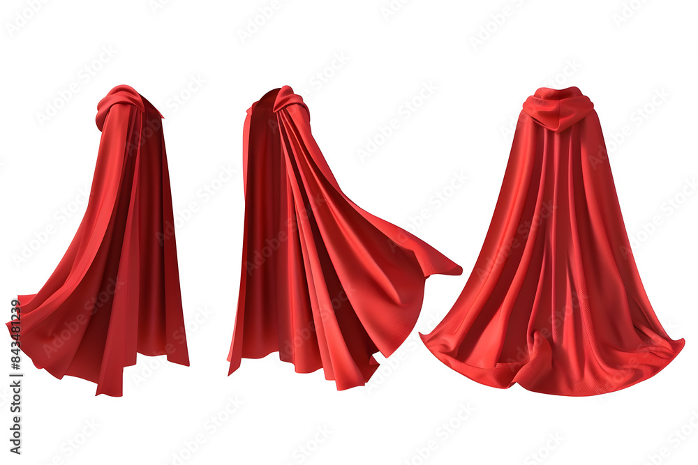 Front, back and side view Superhero red cape set isolated on white ...
