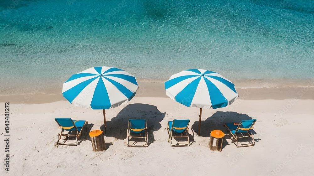 Top view of beach chairs and umbrella for summer vacation concept Top view of beach chairs and umbrella for summer vacation concept