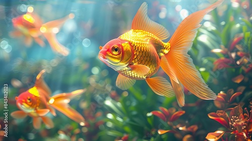 Goldfish in a lush aquatic environment, embodying wealth and positive energy, Feng Shui wall art, 3D rendering, bright hues, dynamic composition