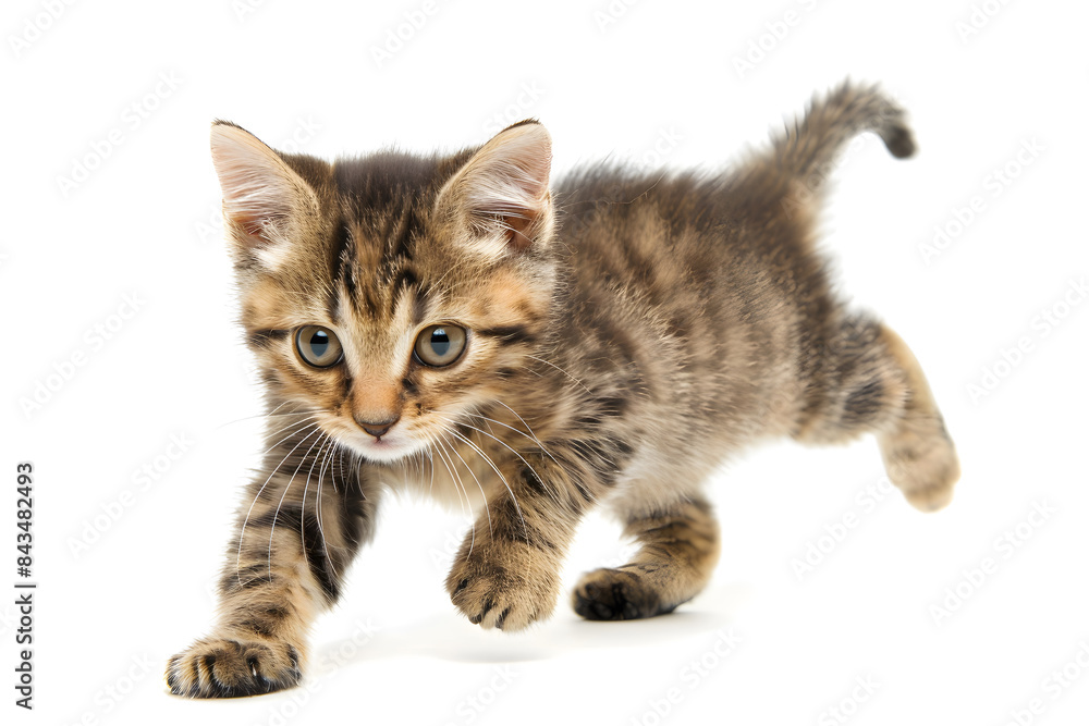 Fototapeta premium Playful kitten, running, playing isolated over white background