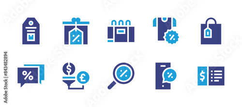 Sales icon set. Duotone color. Vector illustration. Containing salespipeline, tag, shoppingbag, chat, discount, voucher, tshirt, search, purchase.