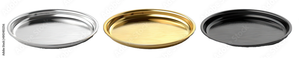 Set of Metal Serving Trays in Silver Gold Black and White. Isolated on a Transparent Background. Cutout PNG. Set of Metal Serving Trays in Silver Gold Black and White. Isolated on a Transparent Background. Cutout PNG.