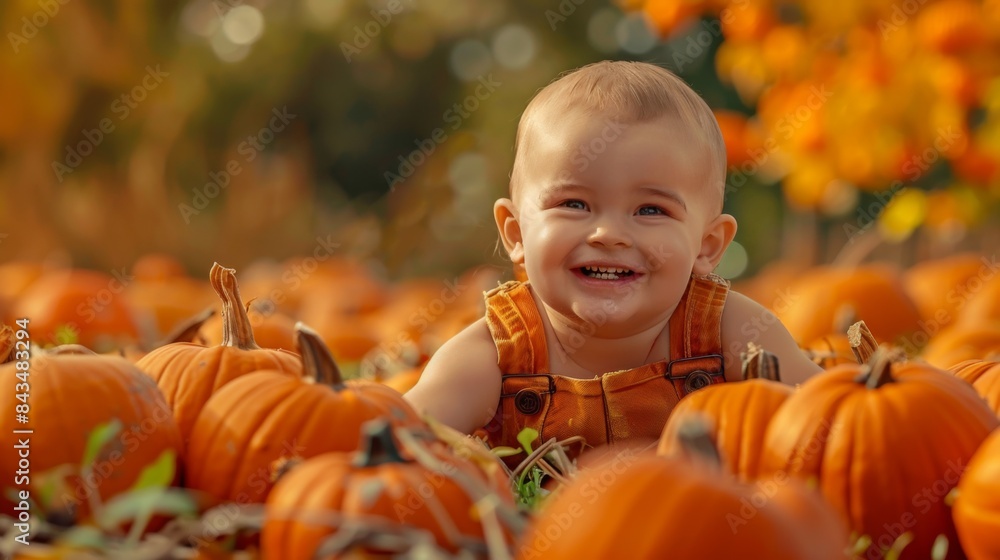 A joyful toddler smiling amid a pumpkin patch with vivid orange pumpkins and autumn foliage in the background. A joyful toddler smiling amid a pumpkin patch with vivid orange pumpkins and autumn foliage in the background.