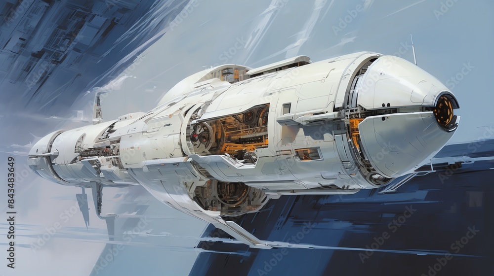 The spaceship is sleek and white, with a long, cylindrical body The spaceship is sleek and white, with a long, cylindrical body