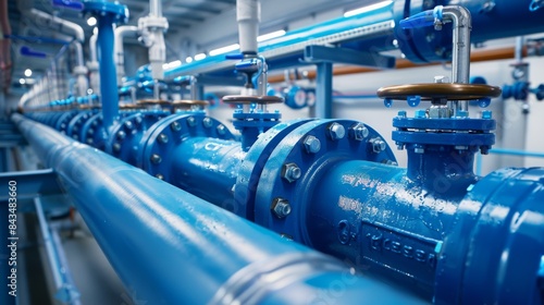 Wallpaper Mural A perspective view of a large industrial boiler room with blue pipelines and valves for water treatment. Torontodigital.ca