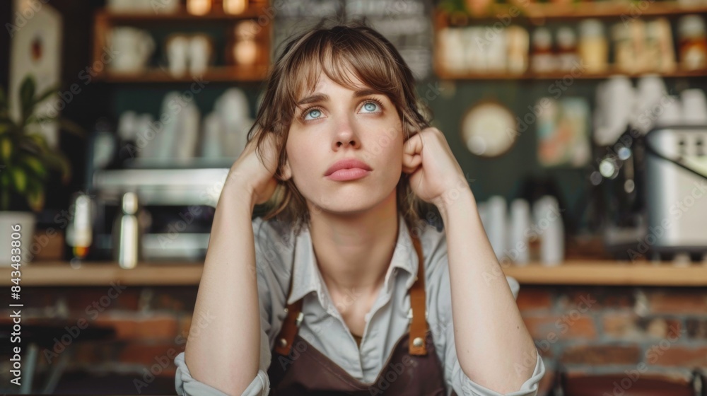 Fototapeta premium A thoughtful woman in an apron appears to take a break at a cozy café, surrounded by blurred shelves with bottles.