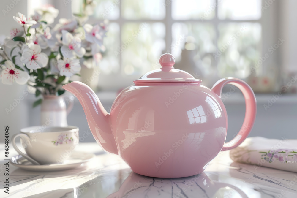 An elegant pink teapot on a marble countertop with a matching teacup, set in a bright, floral-adorned kitchen. An elegant pink teapot on a marble countertop with a matching teacup, set in a bright, floral-adorned kitchen.