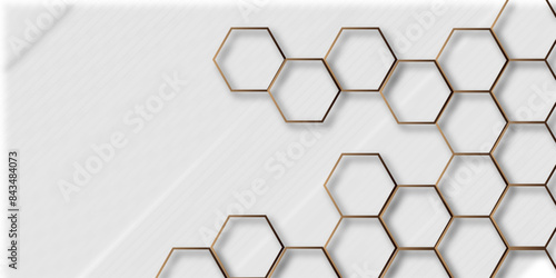 Luxury hexagonal abstract white background with golden light lines. Creative and decorative modern technological hexagon pattern background.	