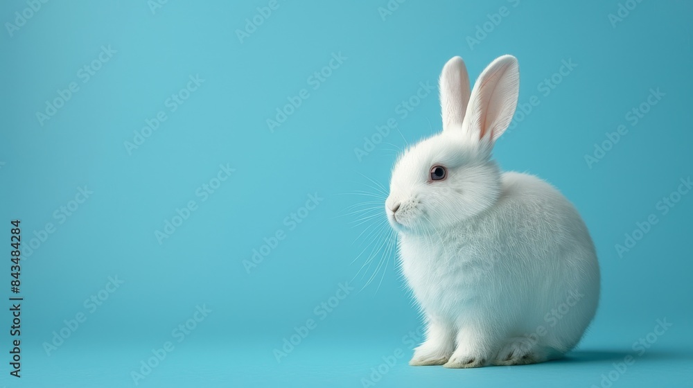 A cute white rabbit on a solid blue background with space above for text A cute white rabbit on a solid blue background with space above for text