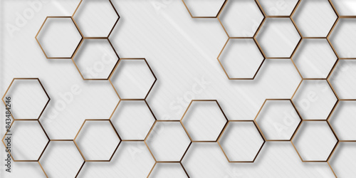 Luxury hexagonal abstract white background with golden light lines. Creative and decorative modern technological hexagon pattern background.